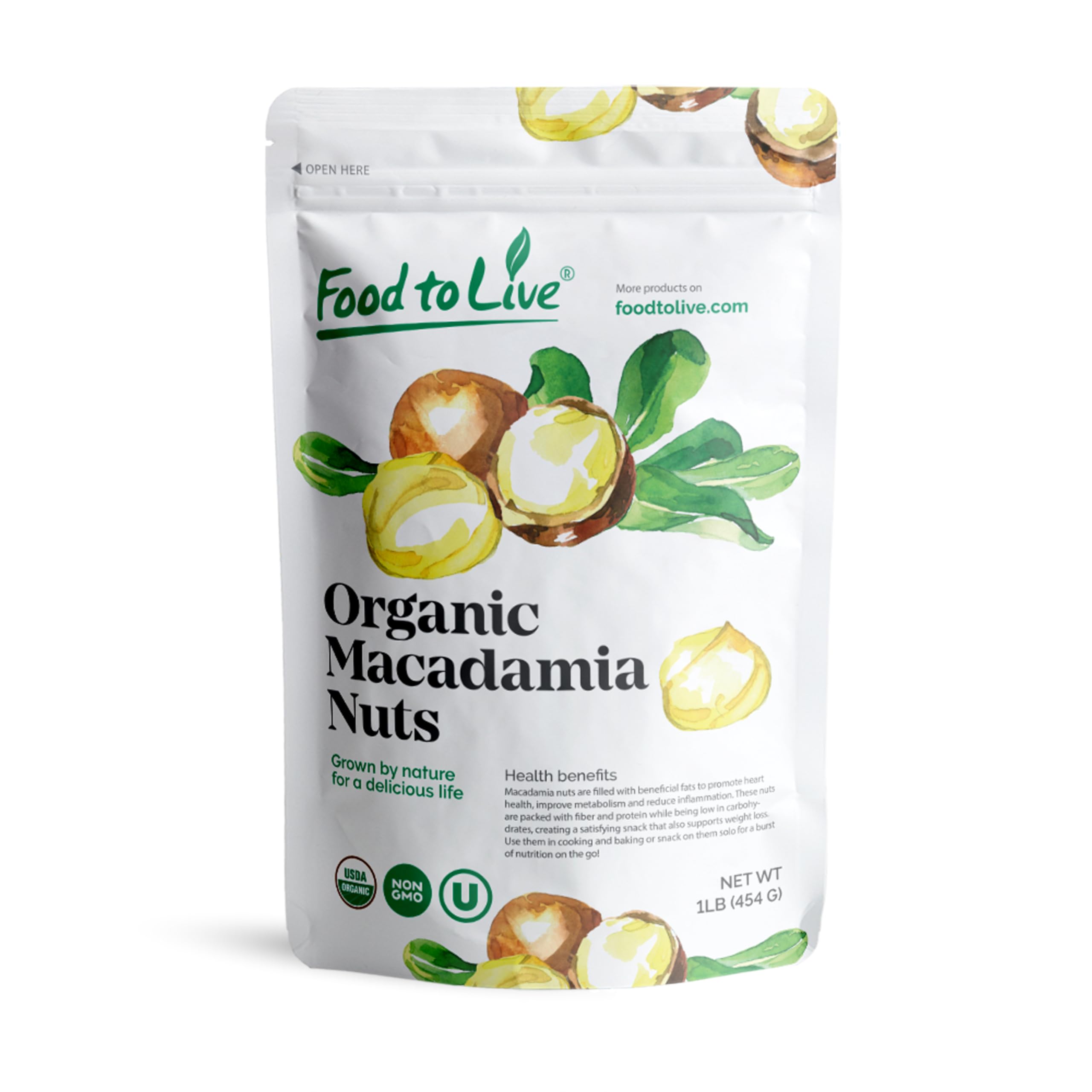 Food to Live front pack showing 1 lb organic macadamia nuts, convenient bulk benefit