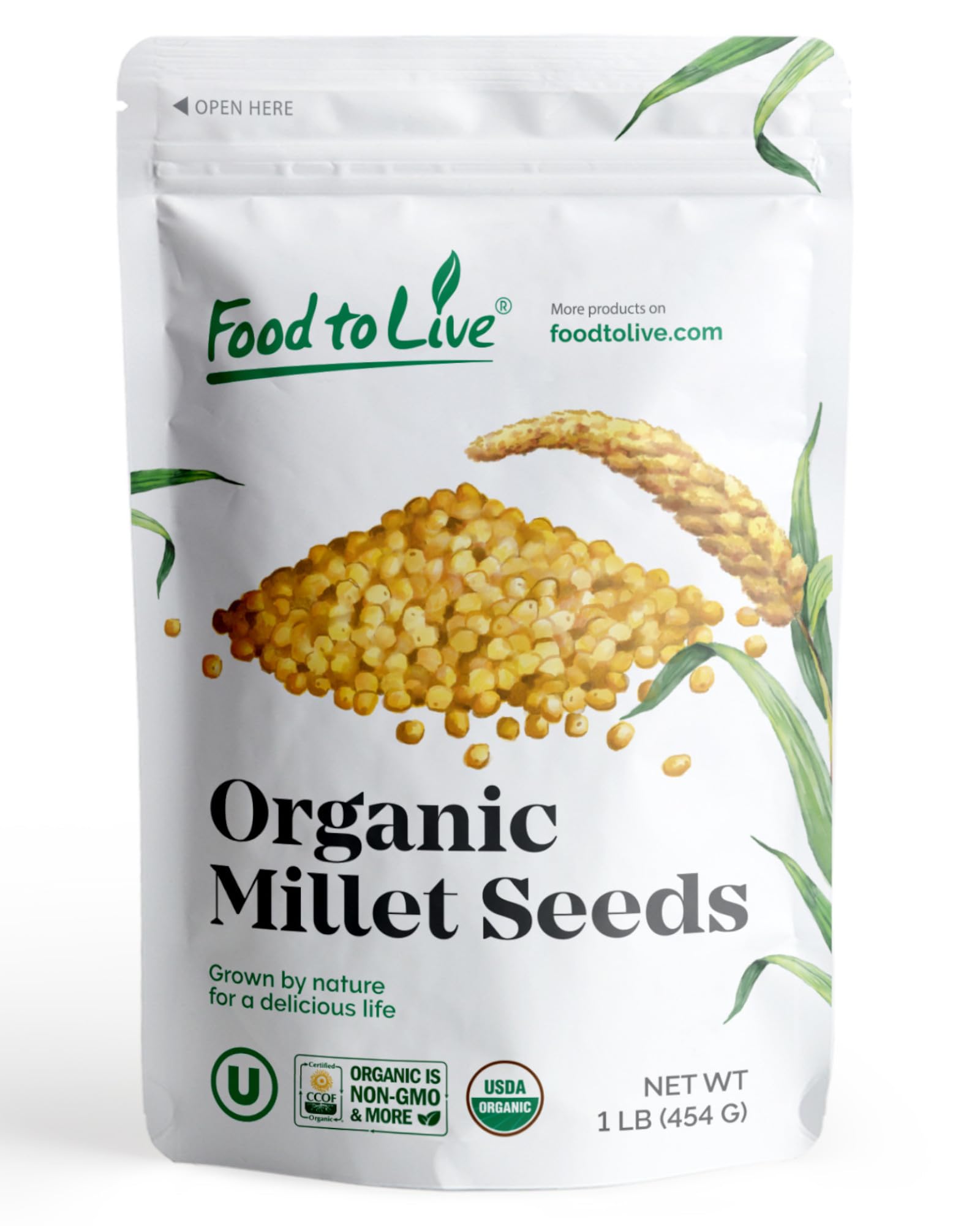 Food to Live front packaging showing 1 lb organic millet and clear label benefits