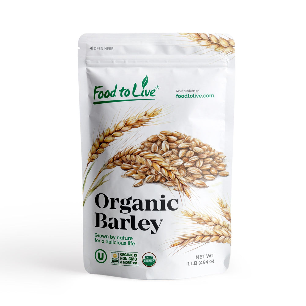Food to Live front packaging showing 1 lb organic pearl barley and benefits