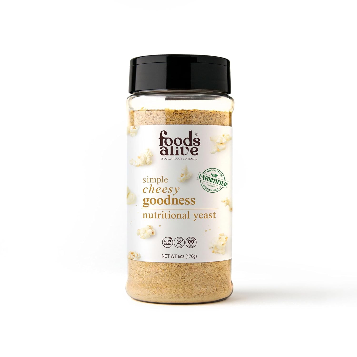 Foods Alive shaker jar front label showing non-GMO and gluten-free benefits