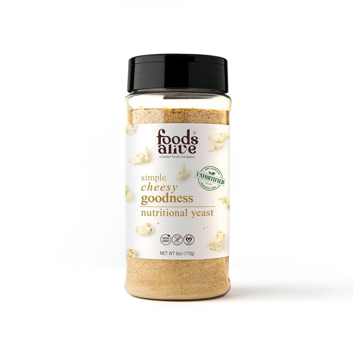 Foods Alive shaker jar front label showing non-GMO and gluten-free benefits
