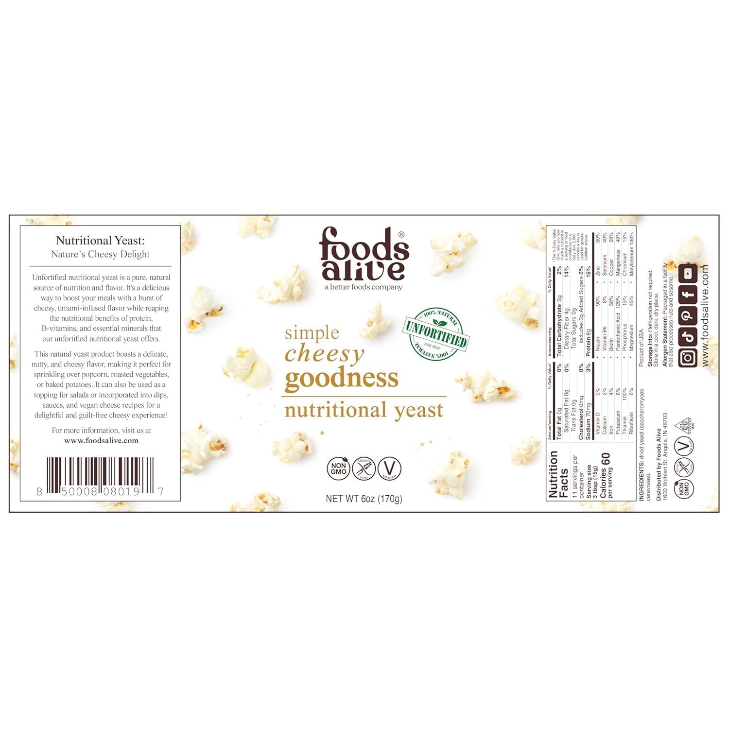 Foods Alive close-up of flaky nutritional yeast texture highlighting savory flavor