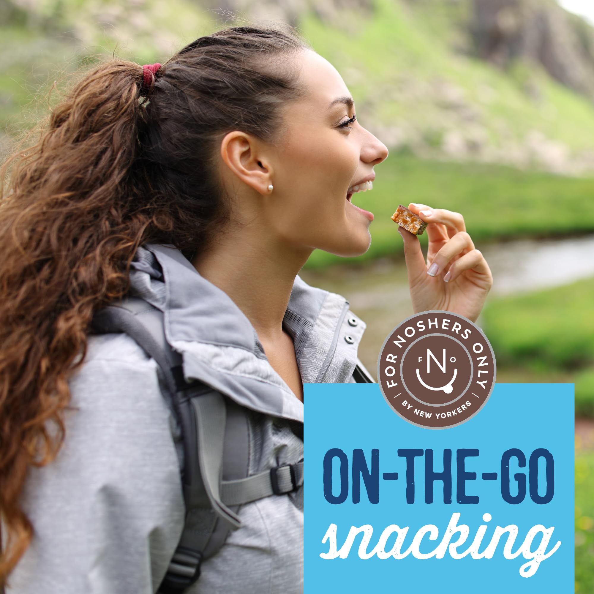 For Noshers Only snack in a backpack pocket demonstrating travel-ready convenience