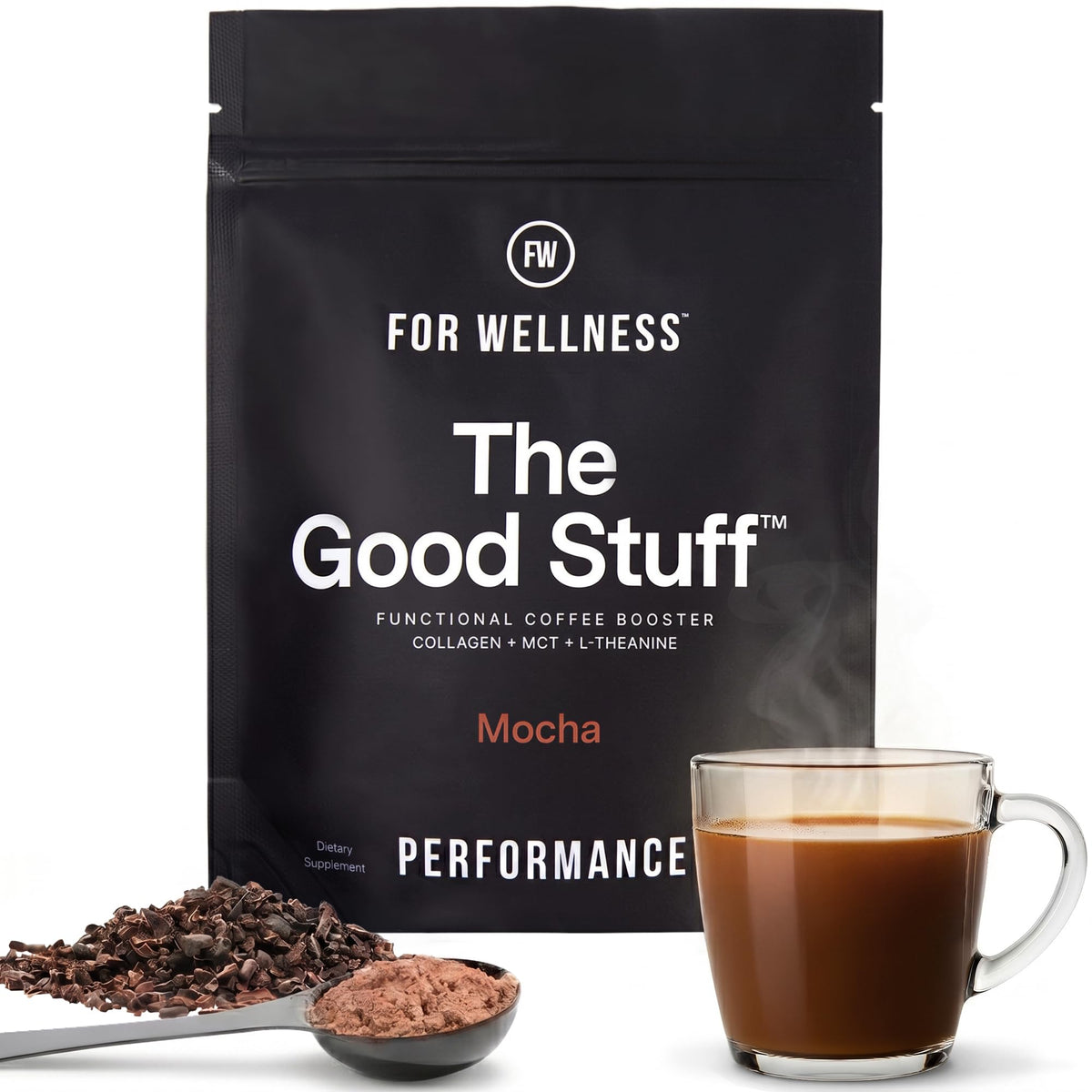 For Wellness product front packaging showing mocha creamer and benefits