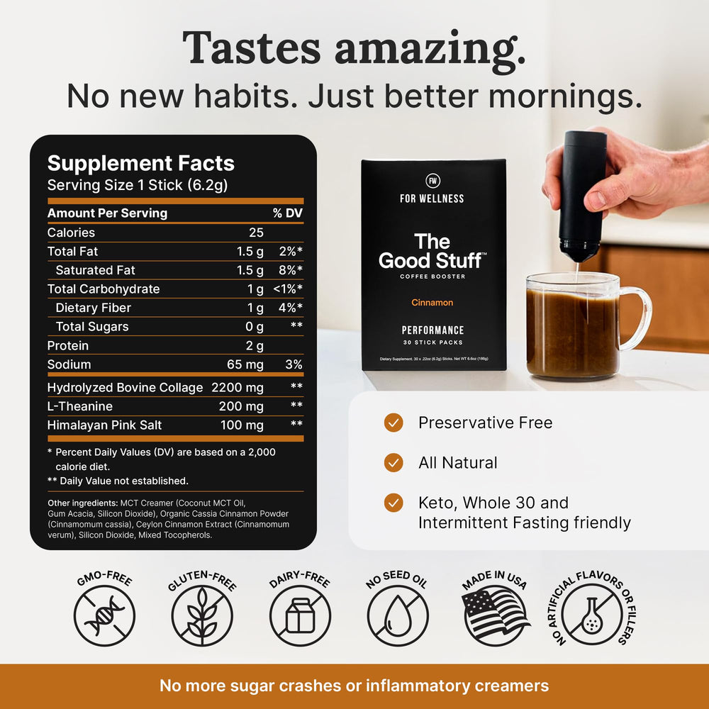 For Wellness single-serve packet beside coffee for on-the-go energy support