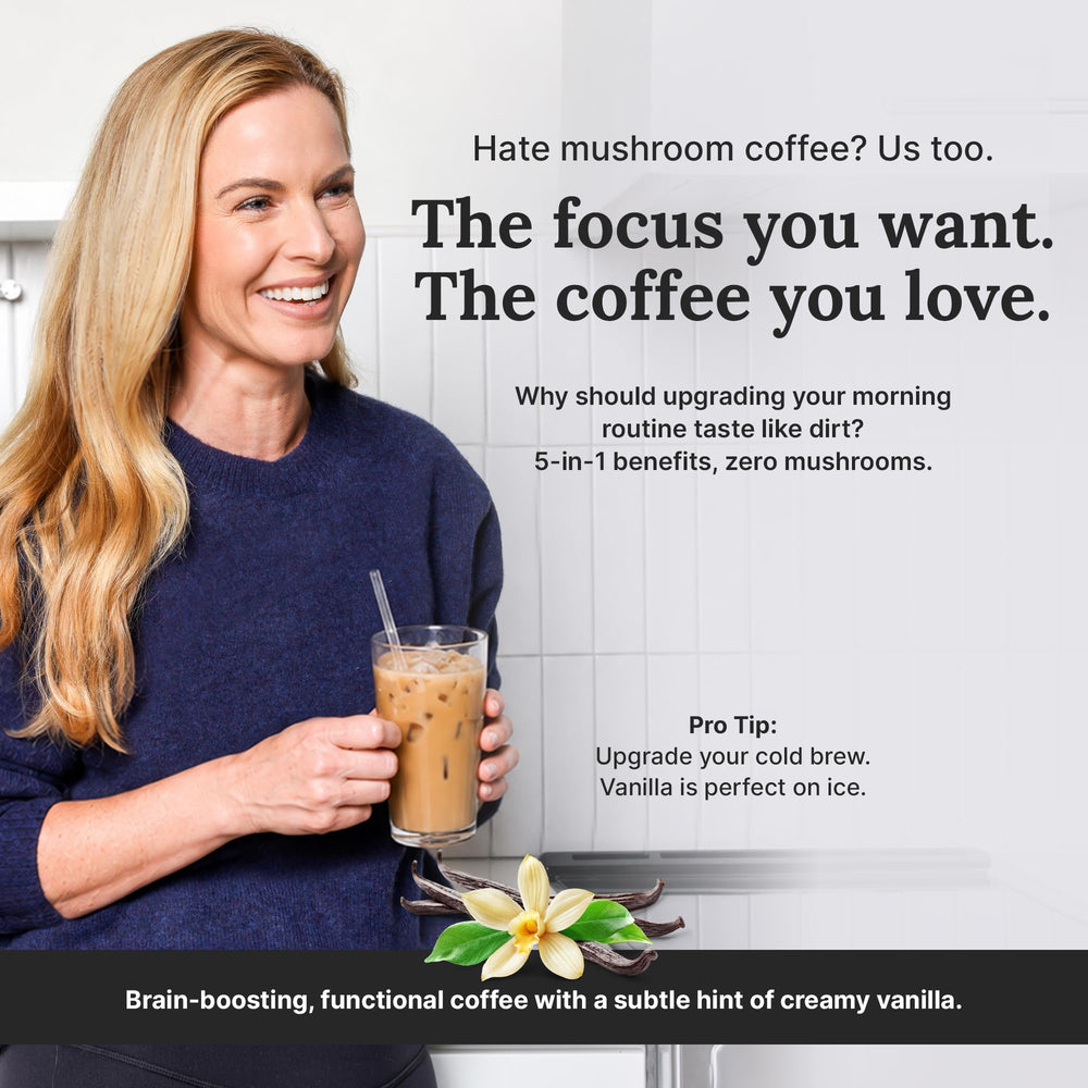 For Wellness vanilla booster mixed in iced coffee for refreshing focus