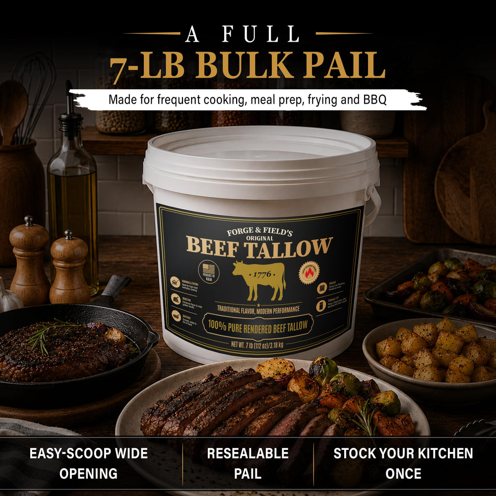 Forge & Field's open pail close-up showing smooth tallow texture for easy scooping