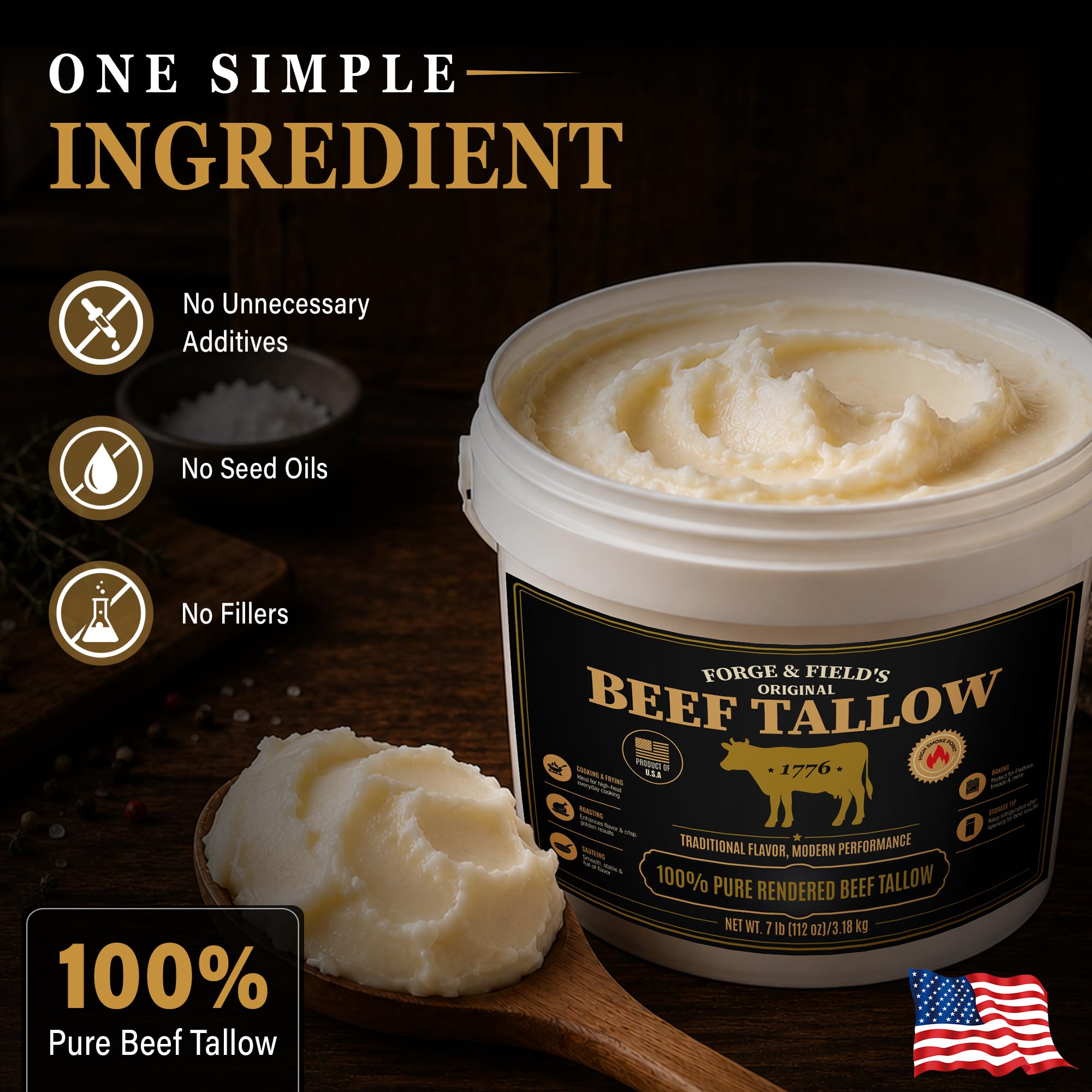 Forge & Field's searing steak in tallow for deep crust and enhanced flavor