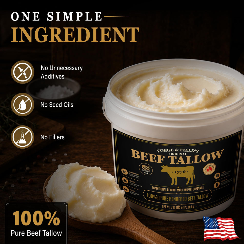 Forge & Field's searing steak in tallow for deep crust and enhanced flavor