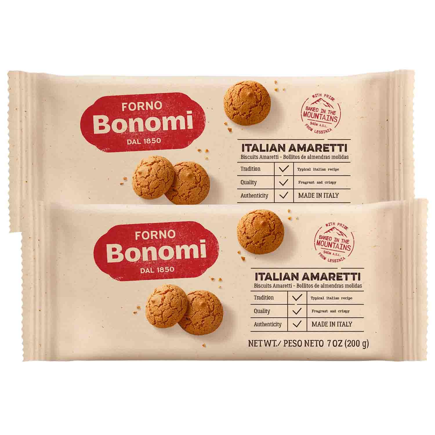 Forno Bonomi front packaging showing authentic Italian biscuits and shelf-stable benefit