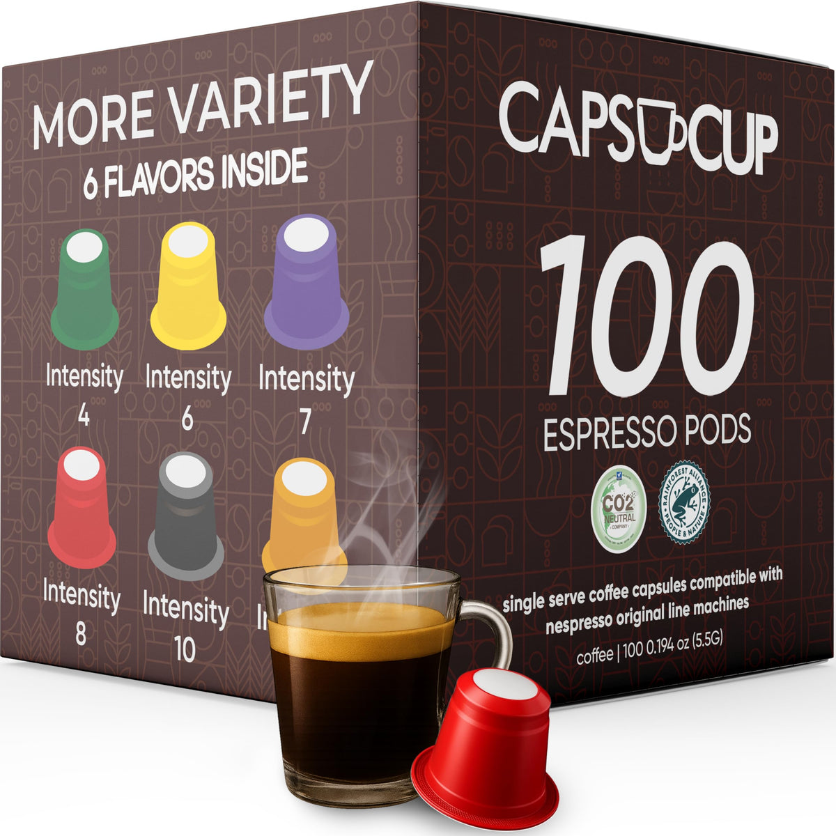 Fortisimo Capsucup front packaging showing 100-count variety and bold branding