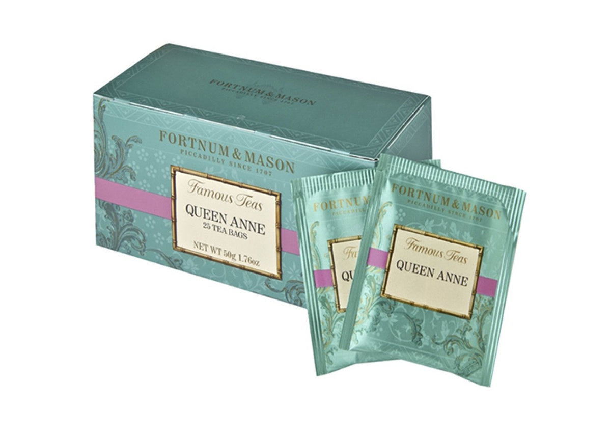 Fortnum & Mason front box showing 25 enveloped tea bags and easy brewing