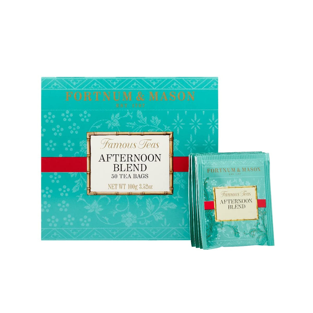 Fortnum & Mason sealed box front showing 50 tea bags and packaging benefit