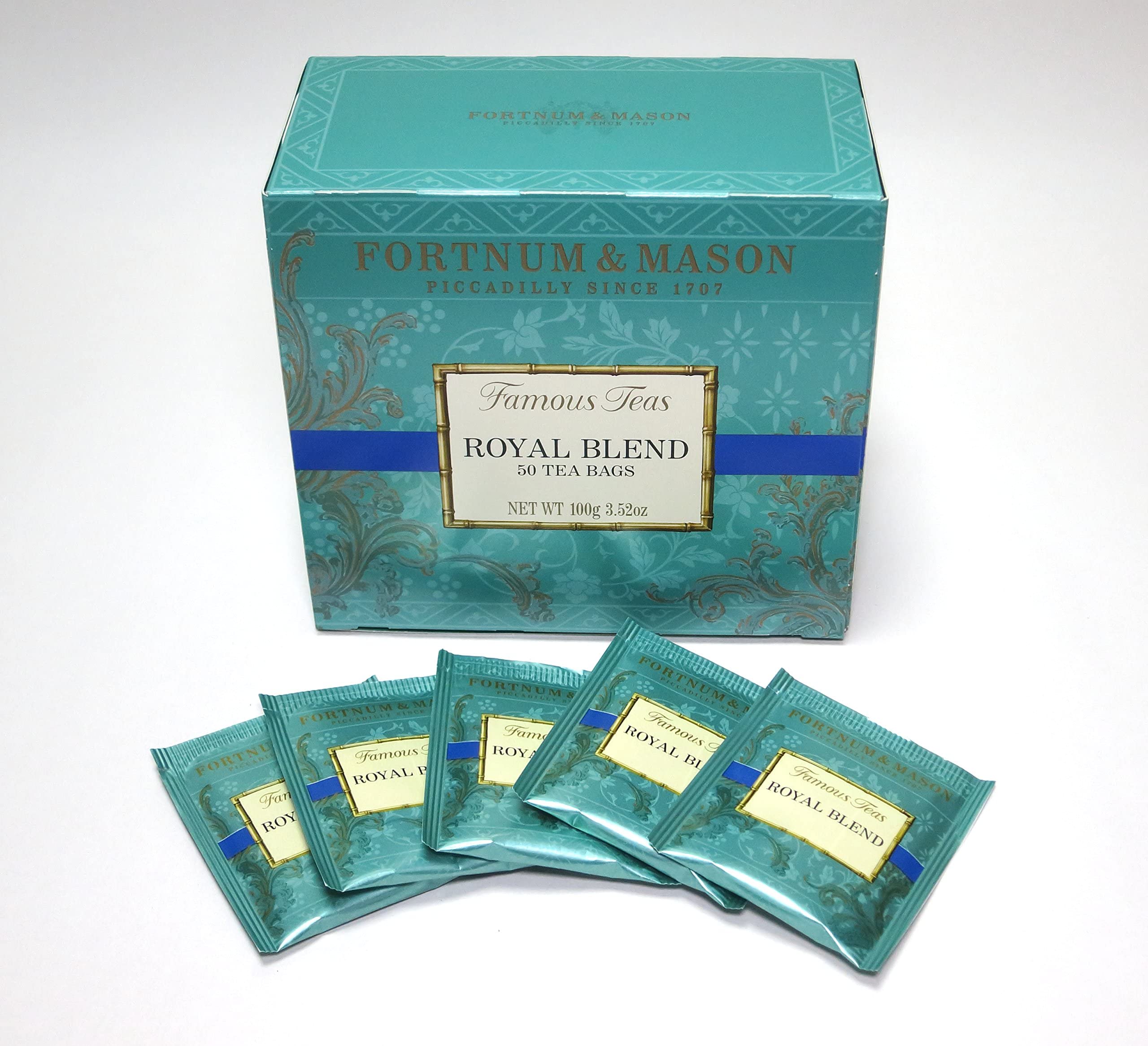 Fortnum & Mason box front showing 50 tea bags and elegant packaging benefit: freshness
