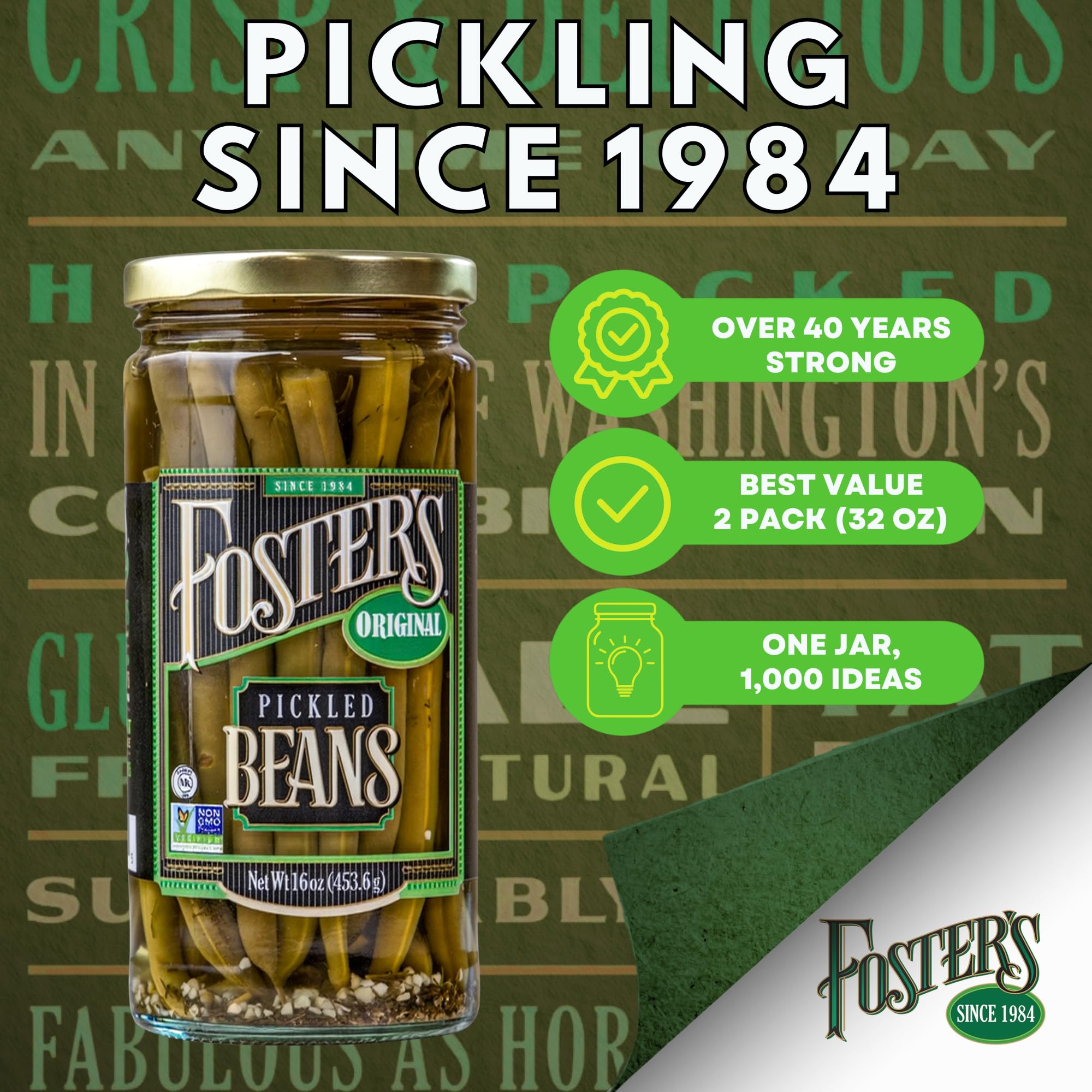Foster's open jar with green beans in brine illustrating fresh ready-to-eat convenience