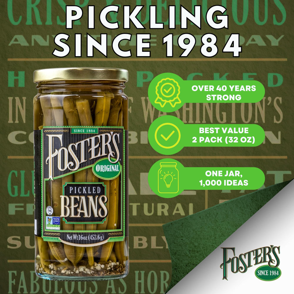 Foster's open jar with green beans in brine illustrating fresh ready-to-eat convenience