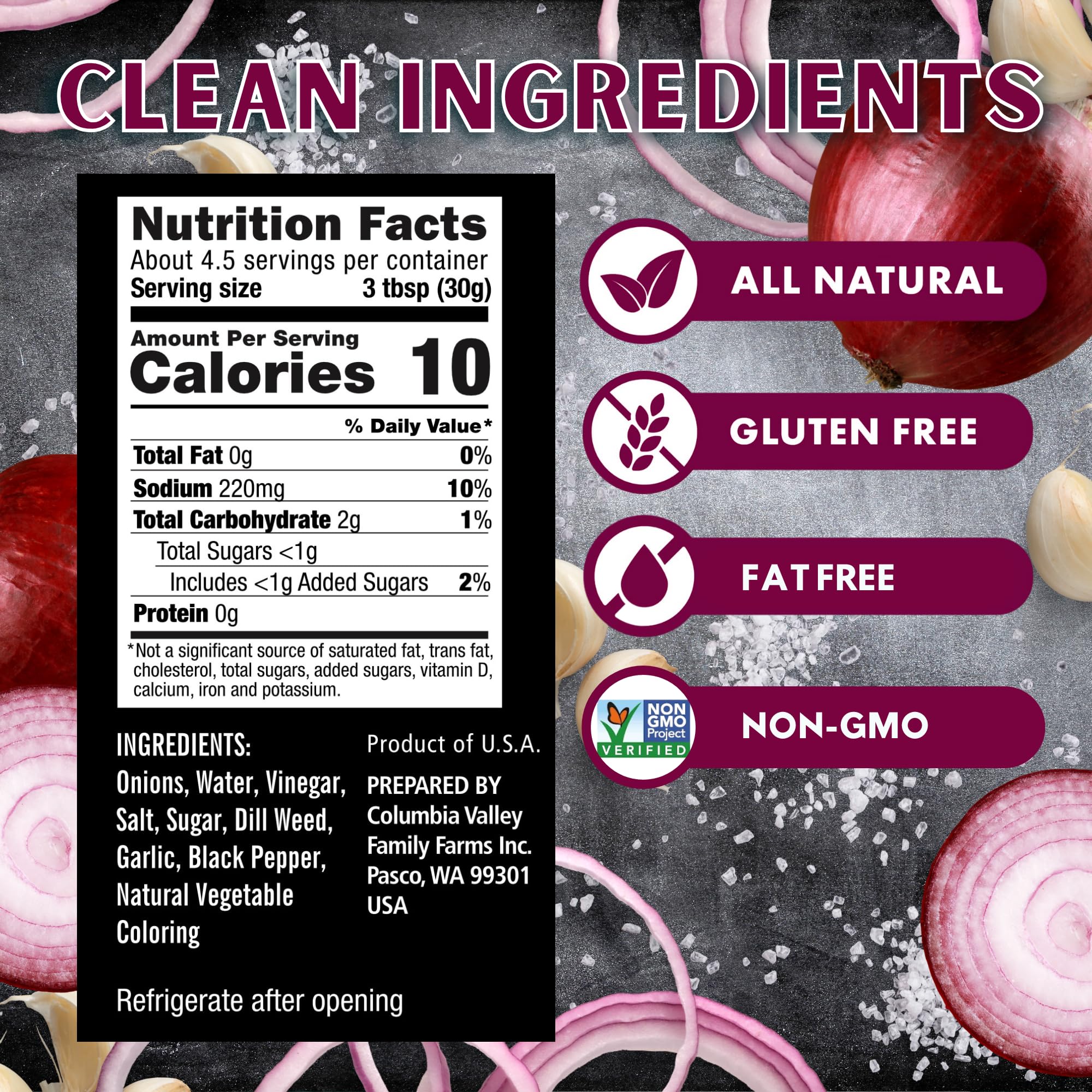 Foster's open jar top view with vivid pickled onions, easy spoon serving
