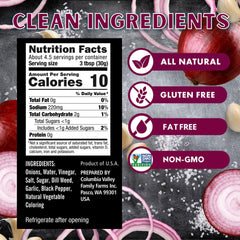 Foster's open jar top view with vivid pickled onions, easy spoon serving