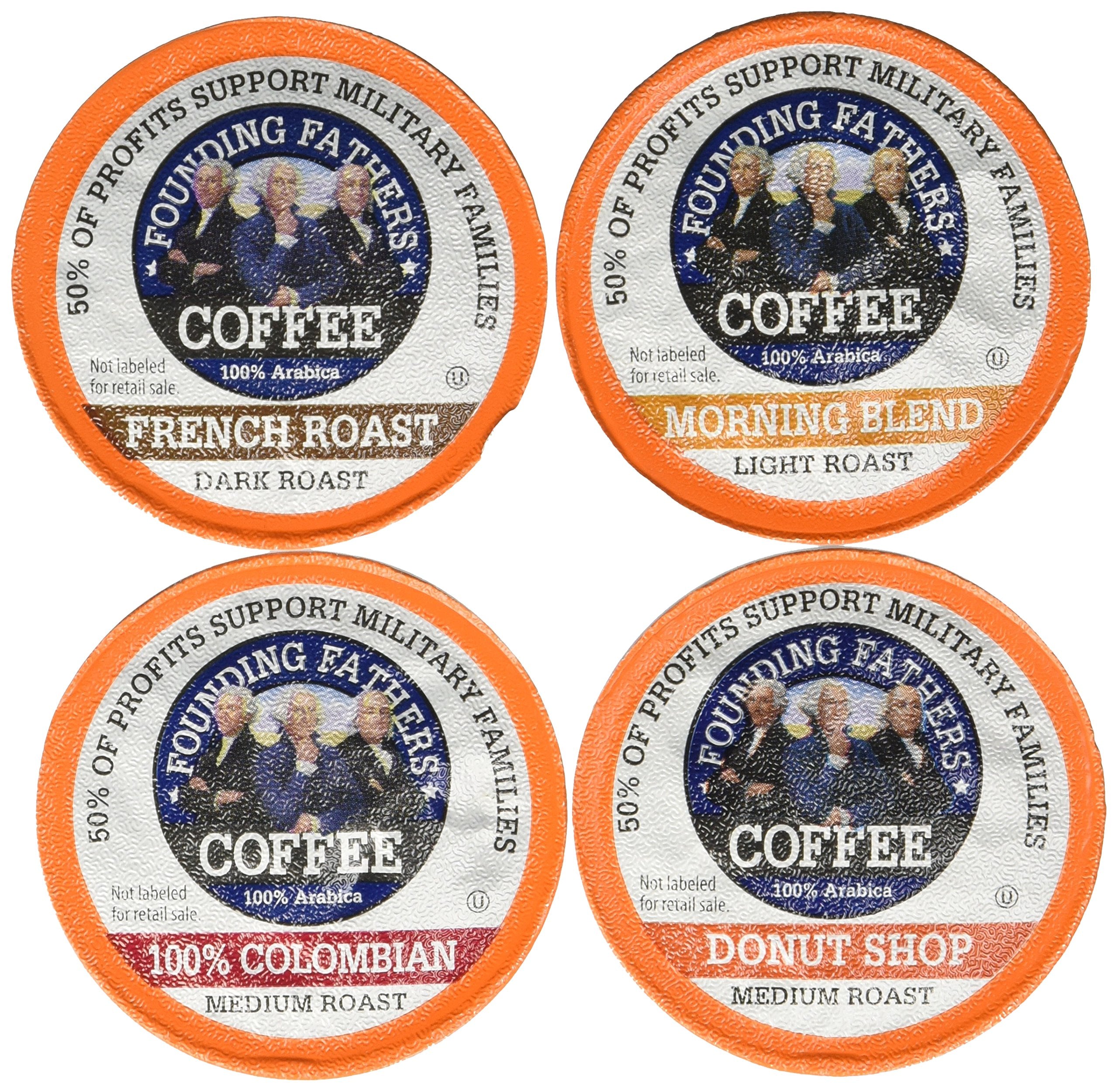 Founding Fathers front packaging showing 80-count variety and roasts, easy selection benefit