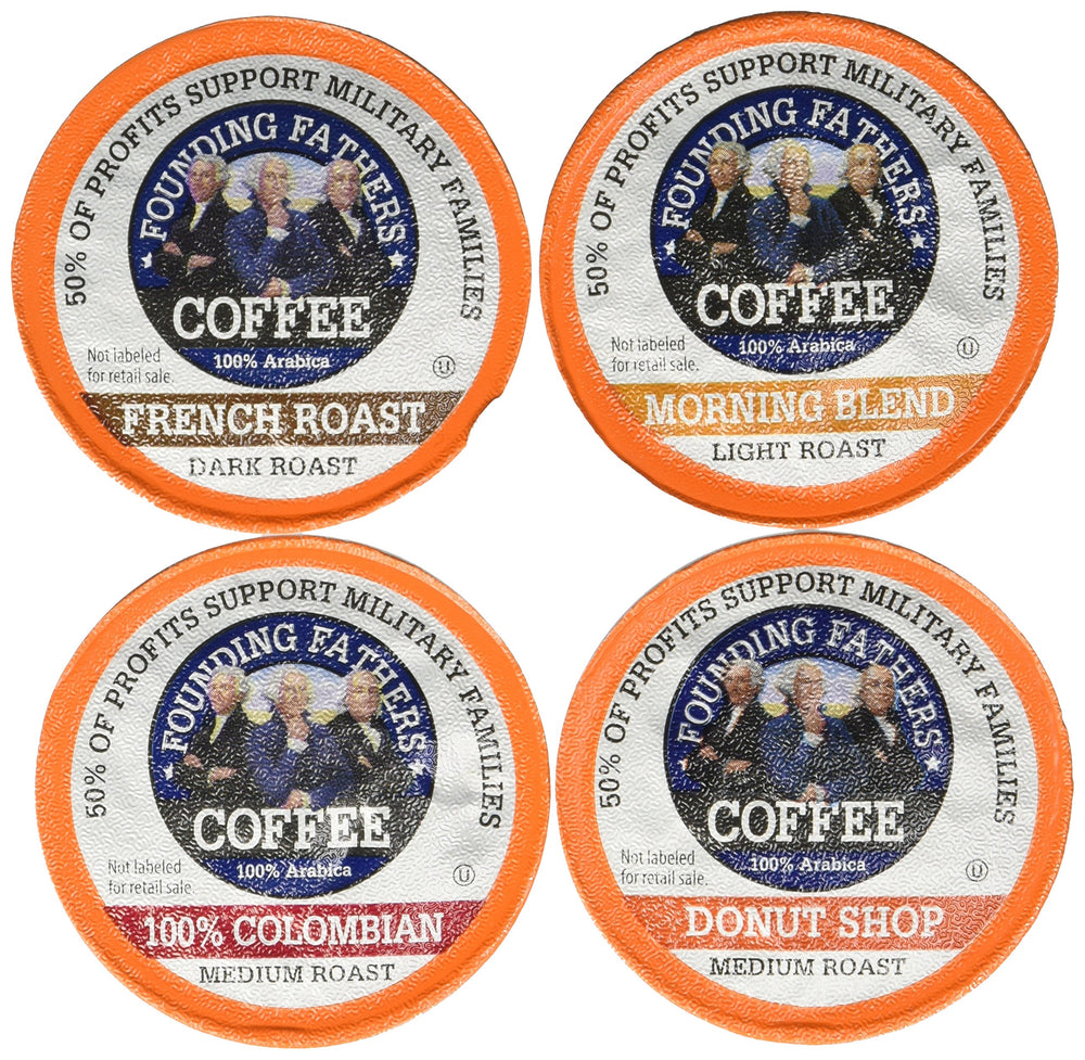 Founding Fathers front packaging showing 80-count variety and roasts, easy selection benefit