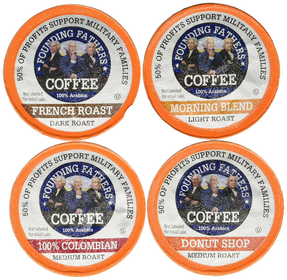 Founding Fathers front packaging showing 80-count variety and roasts, easy selection benefit