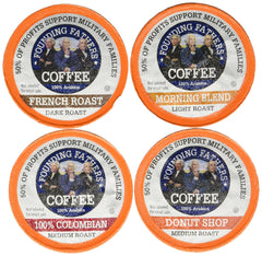 Founding Fathers front packaging showing 80-count variety and roasts, easy selection benefit