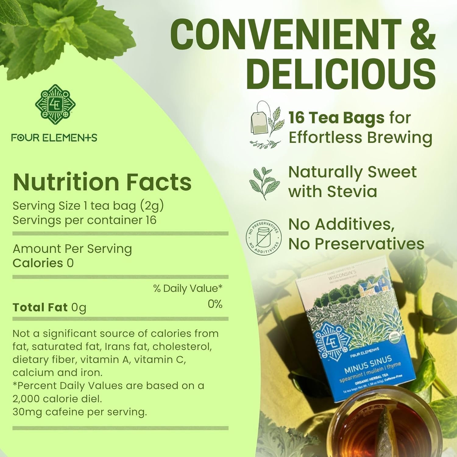 Four Elements tea bag close-up showing label and fresh aroma