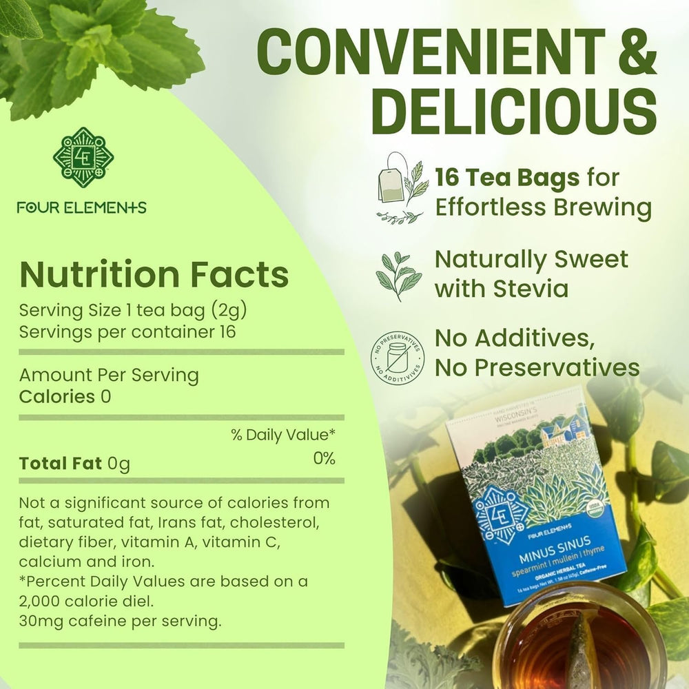 Four Elements tea bag close-up showing label and fresh aroma