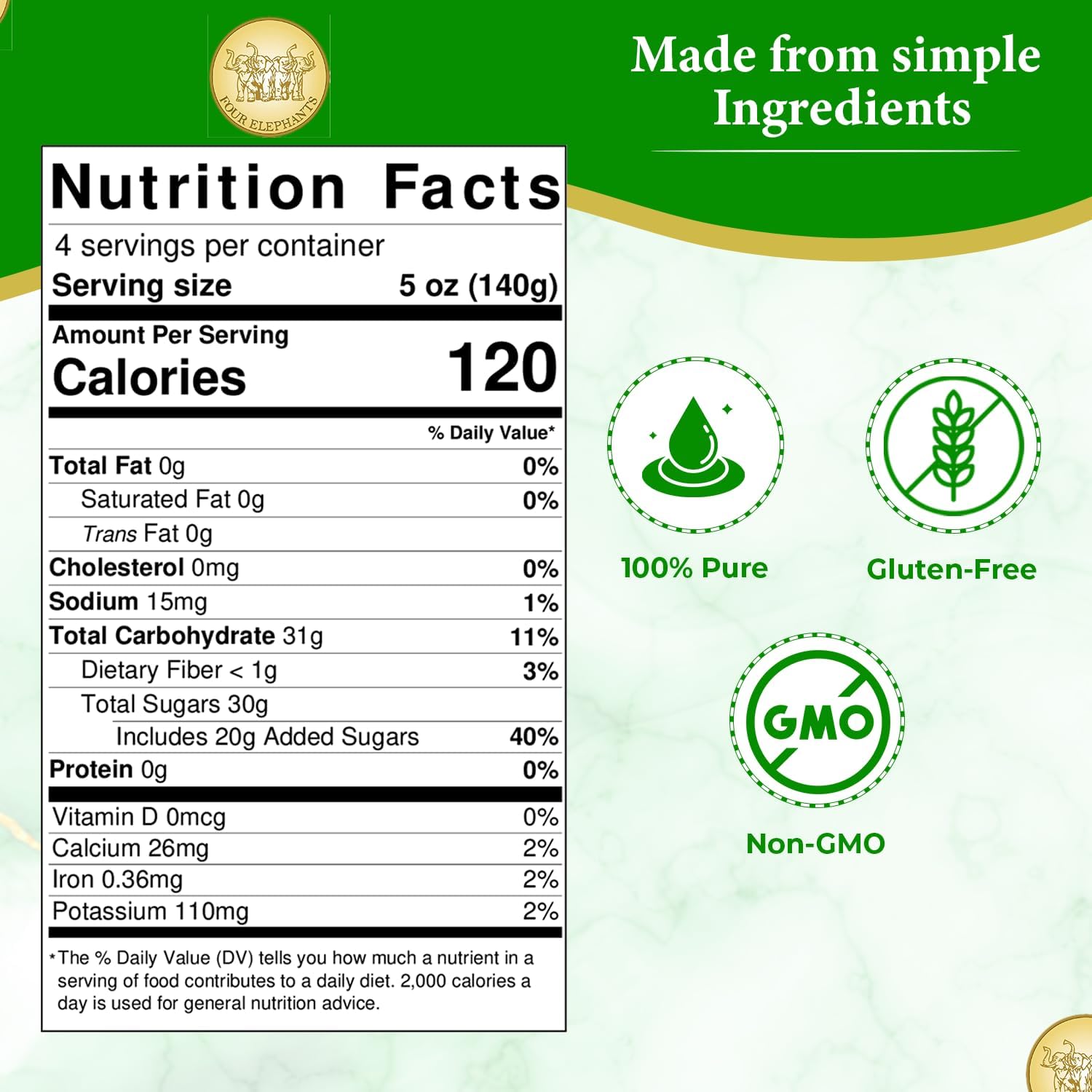 Four Elephants ingredients and nutrition label clear and simple