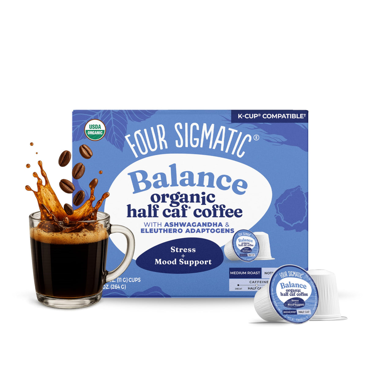 Four Sigmatic front box showing adaptogen coffee pods and benefits