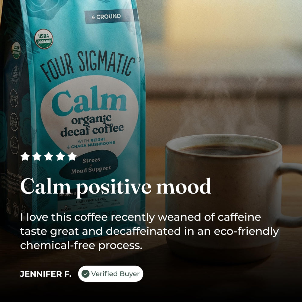Four Sigmatic Calm roasted beans detail showing even roast and flavor depth