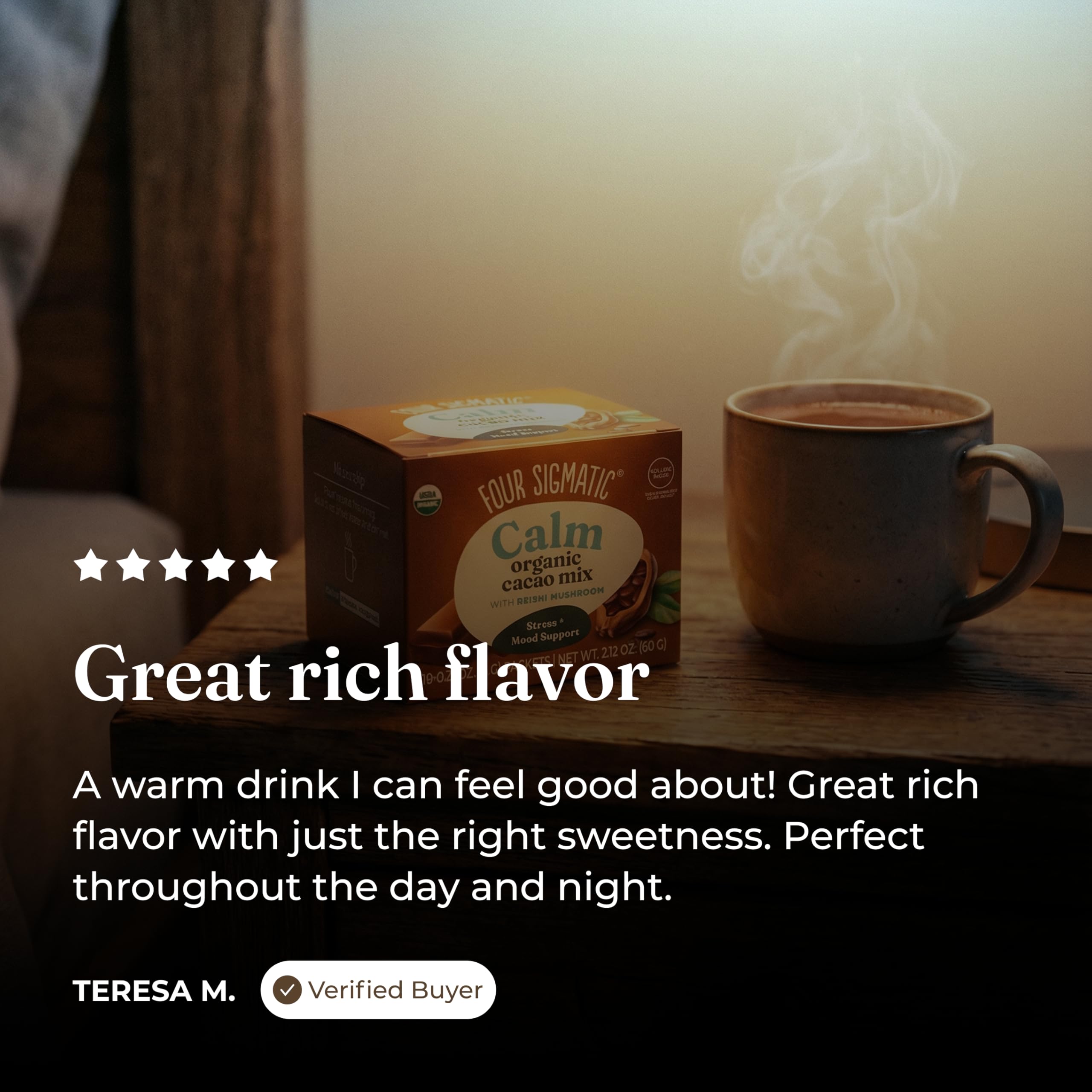 Four Sigmatic sachet beside ruler showing compact single-serve portion size