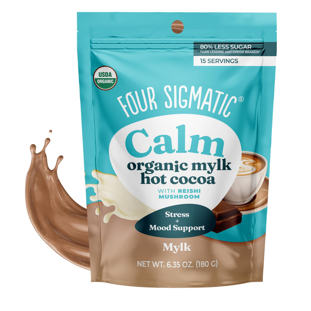 Four Sigmatic front packaging showing product and benefits, clear label