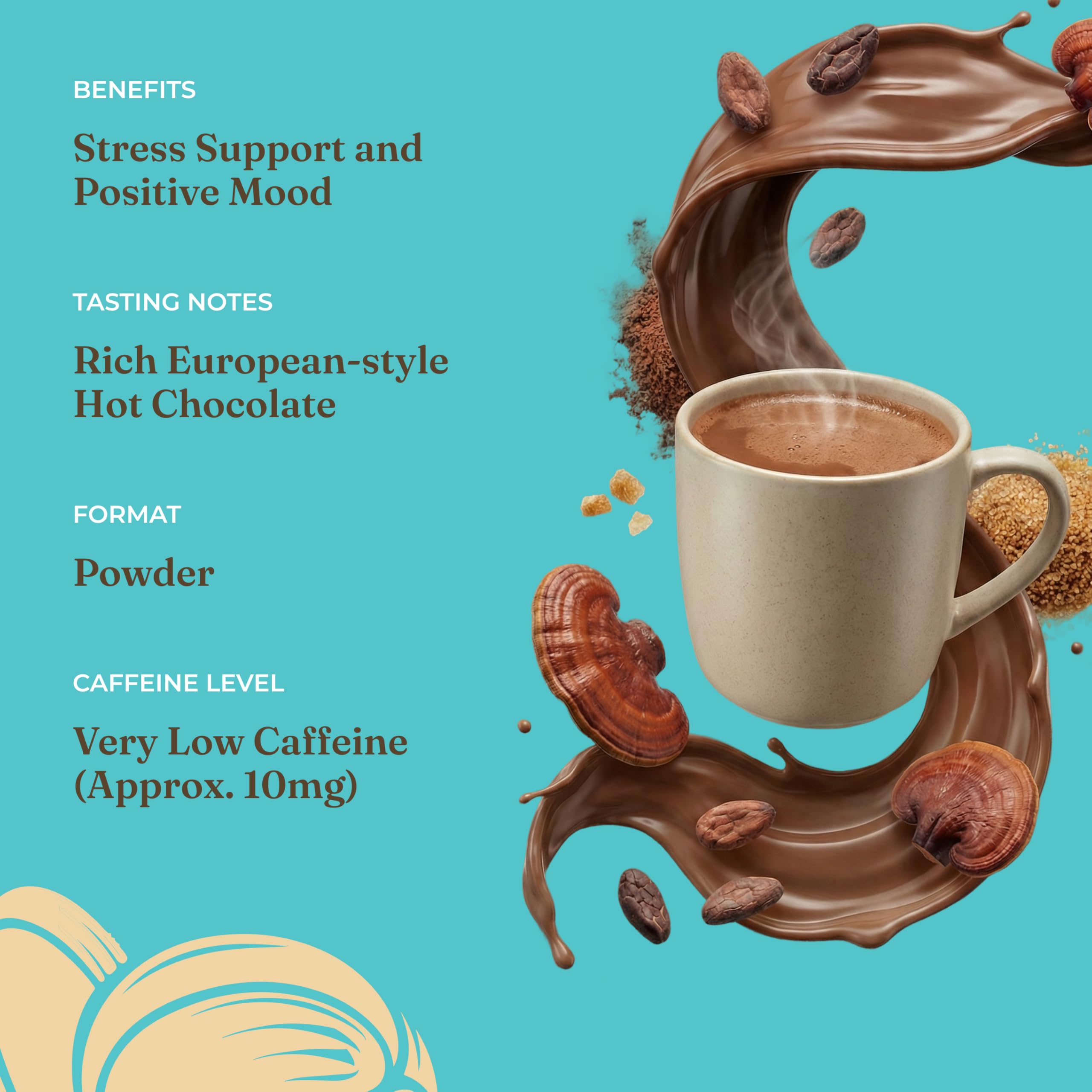 Four Sigmatic ingredients shot with cacao and reishi, natural clean profile