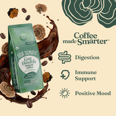 Four Sigmatic close-up of ground coffee texture highlighting smooth medium-roast aroma