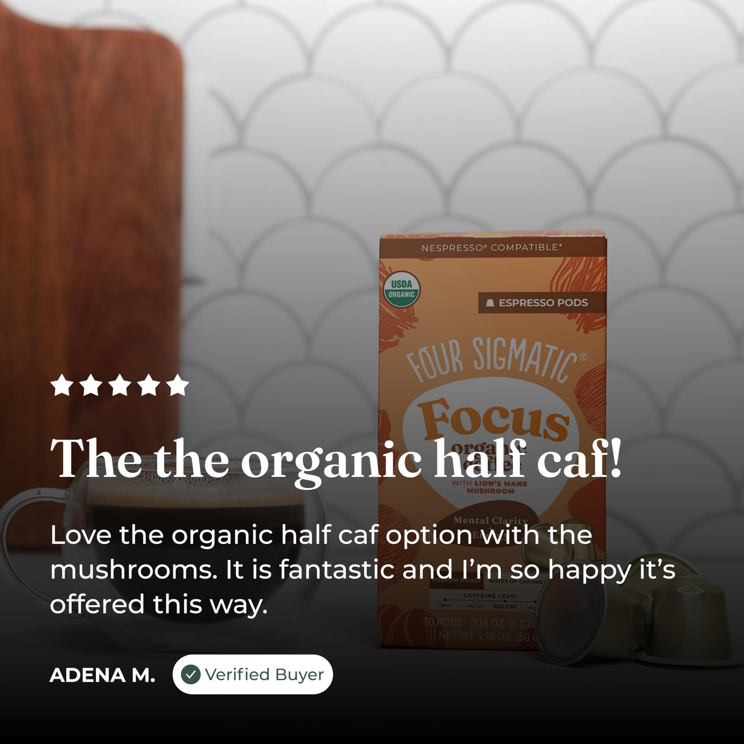 Four Sigmatic single-origin beans and label showing origin details