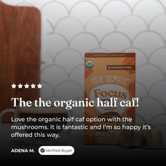 Four Sigmatic single-origin beans and label showing origin details