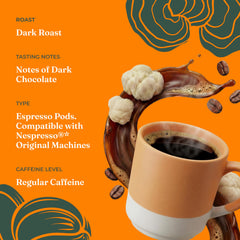 Four Sigmatic espresso shot being poured from a Nespresso machine illustrating rich crema and focus-friendly boost