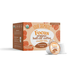 Four Sigmatic front packaging showing pod box and benefit of steady focus