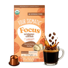 Four Sigmatic front packaging showing pod box and benefits