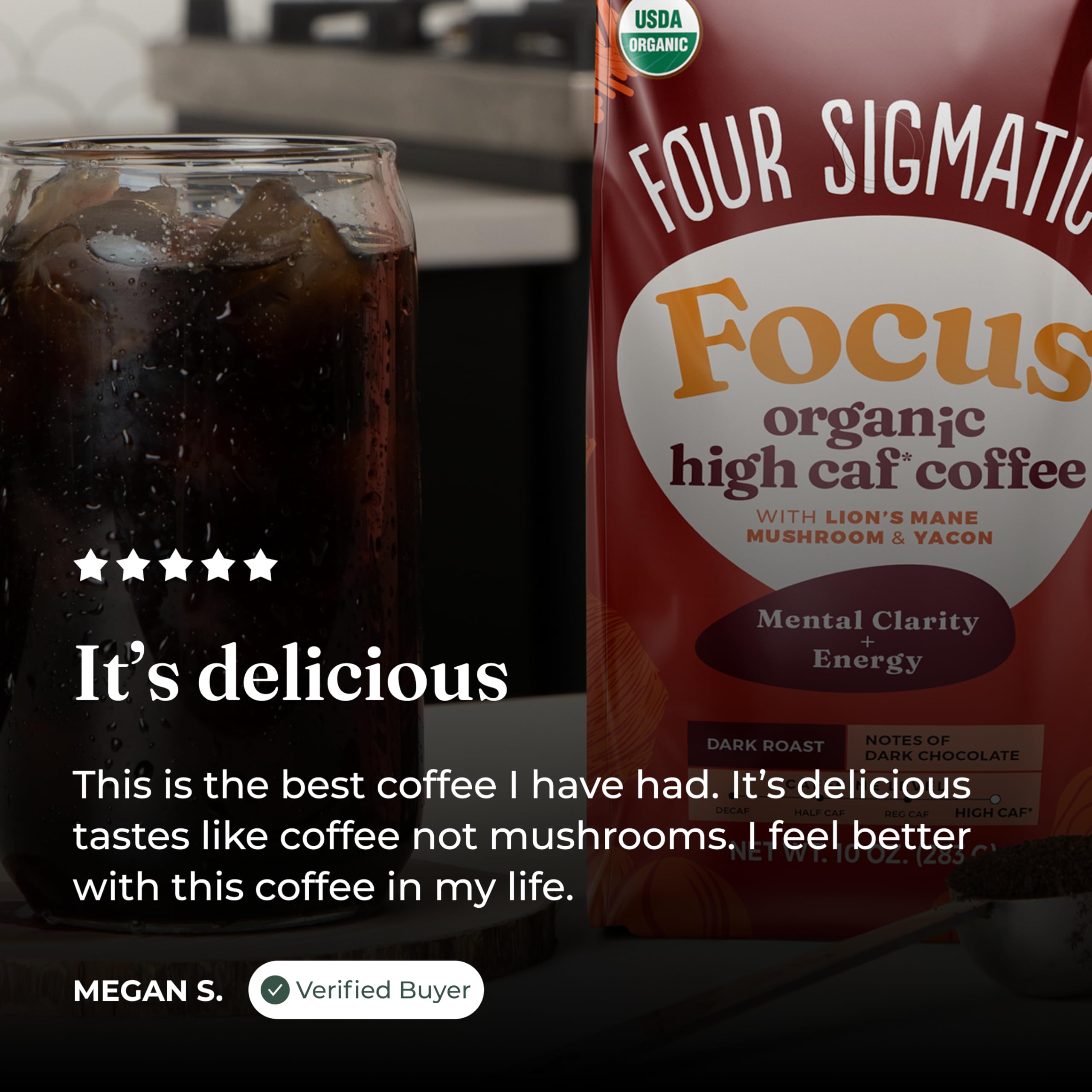 Four Sigmatic cup on a work desk illustrating steady focus and productivity benefit
