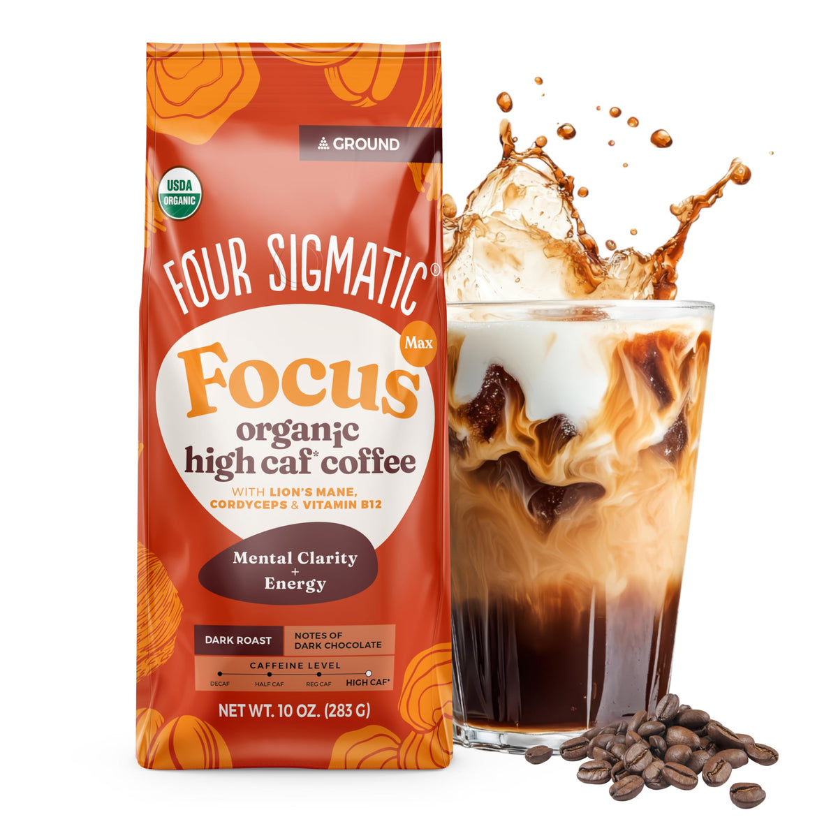 Four Sigmatic front packaging showing 10oz bag and bold dark roast benefit