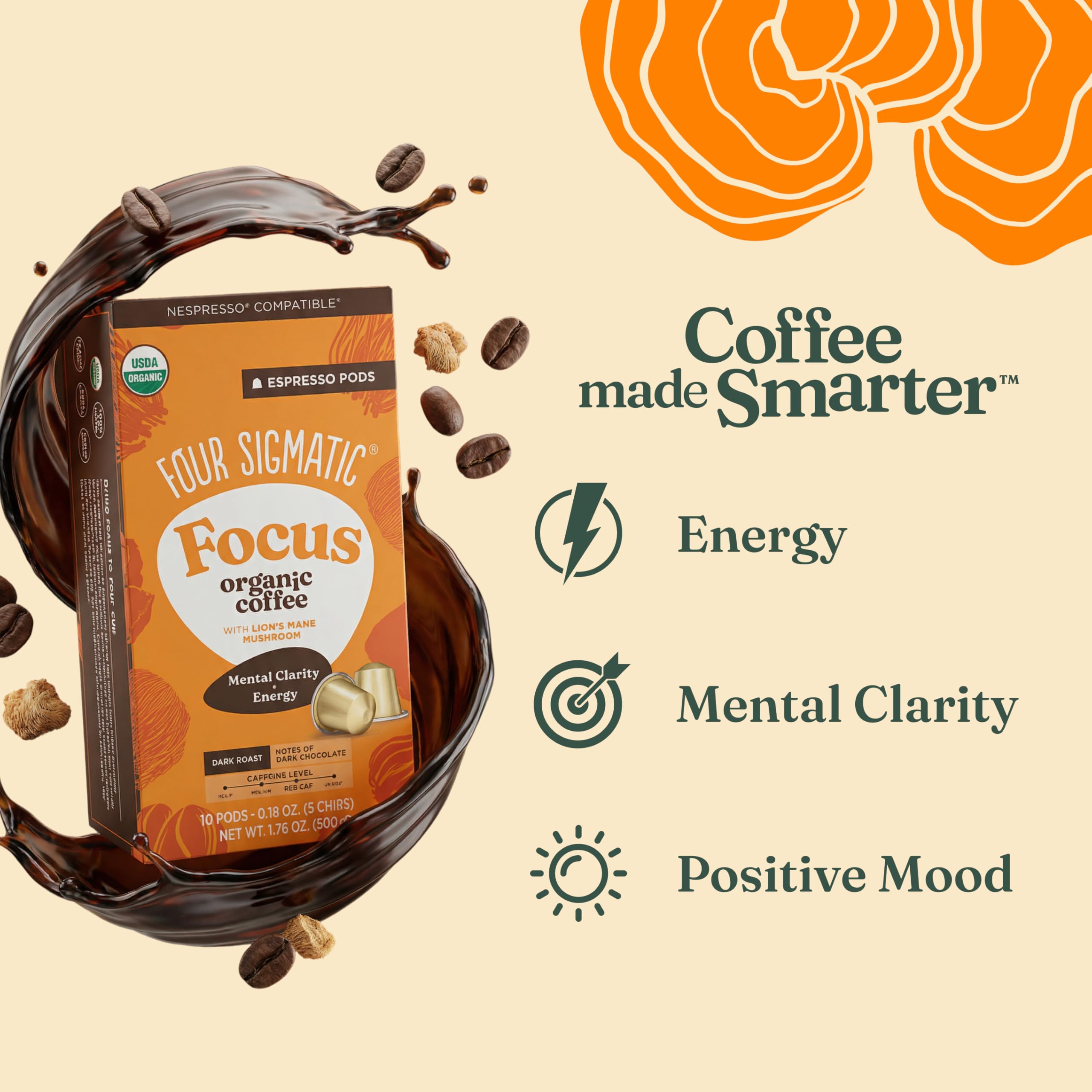 Four Sigmatic focus pod close-up showing ground espresso and lion's mane blend for smooth flavor