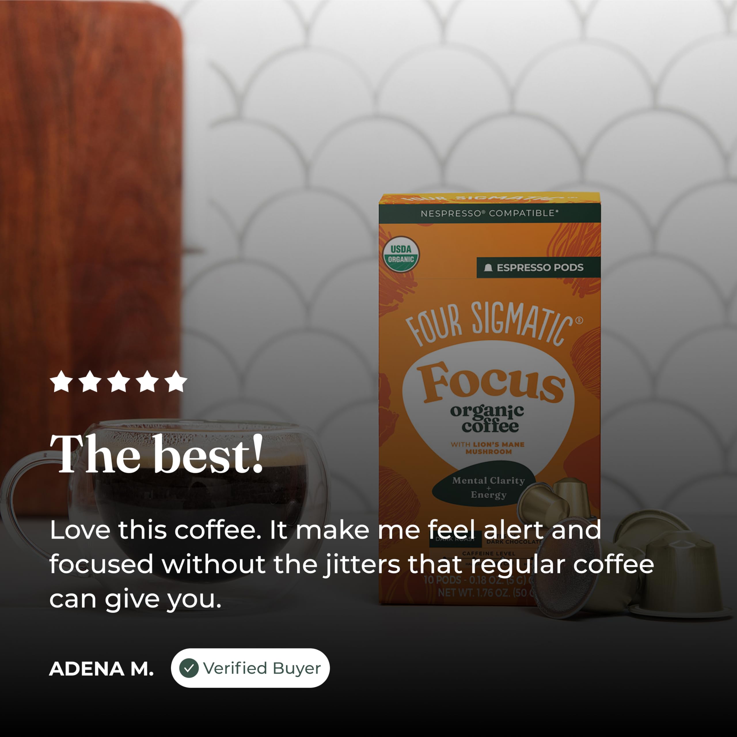 Four Sigmatic pod beside a coin demonstrating pod size and compatibility with Nespresso Original machines