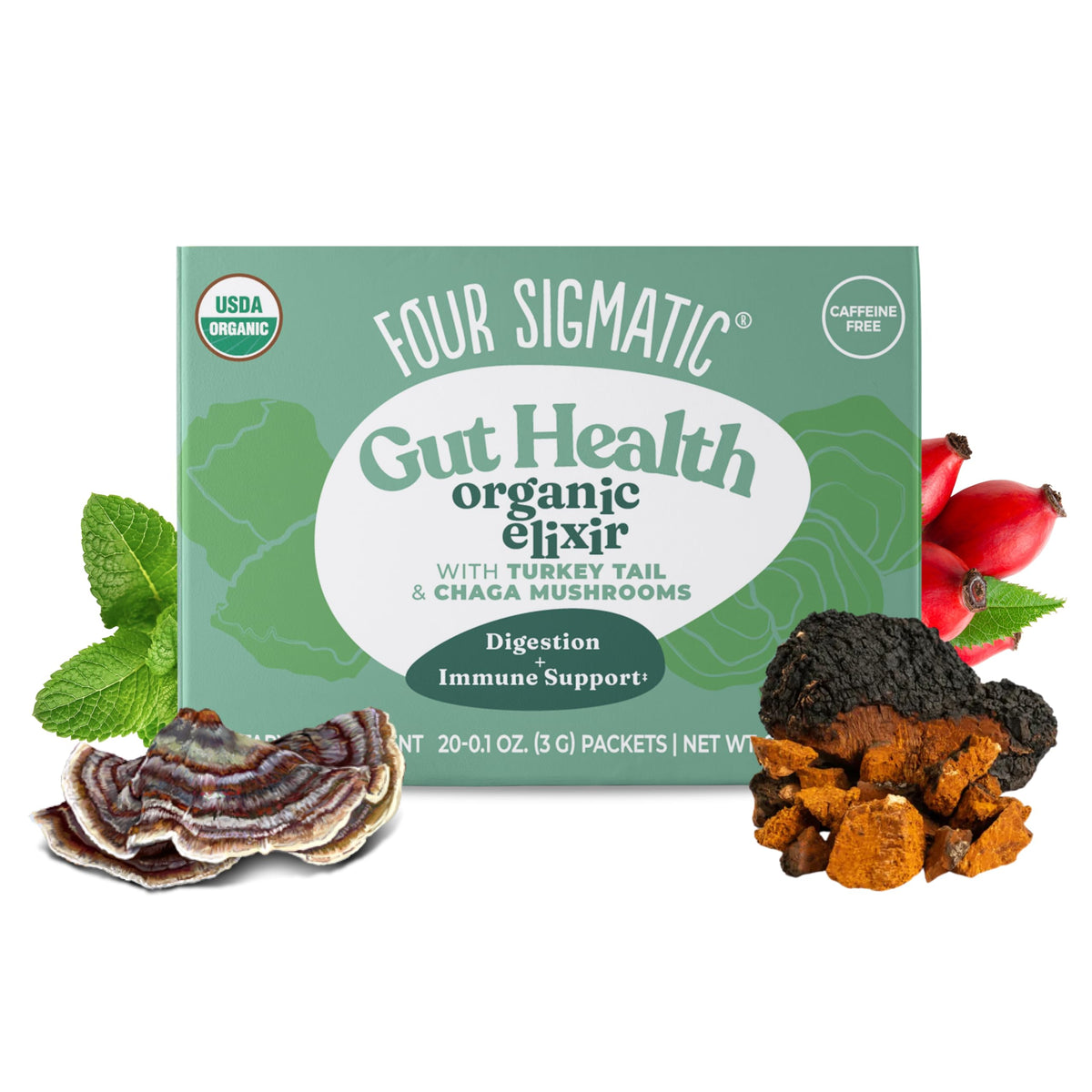 Four Sigmatic front packaging showing gut elixir packets and benefits