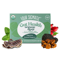 Four Sigmatic front packaging showing gut elixir packets and benefits