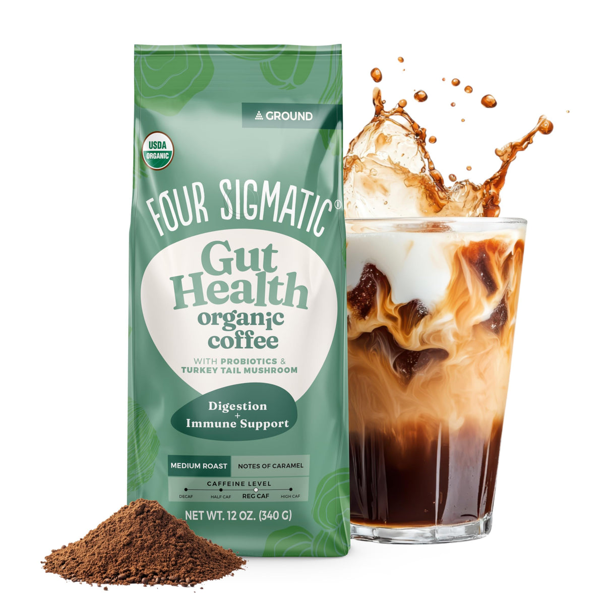 Four Sigmatic front packaging showing gut health coffee and convenient resealable bag benefit