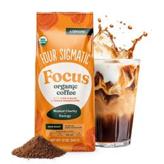 Four Sigmatic front packaging showing dark-roast 12oz bag with clear branding and benefits