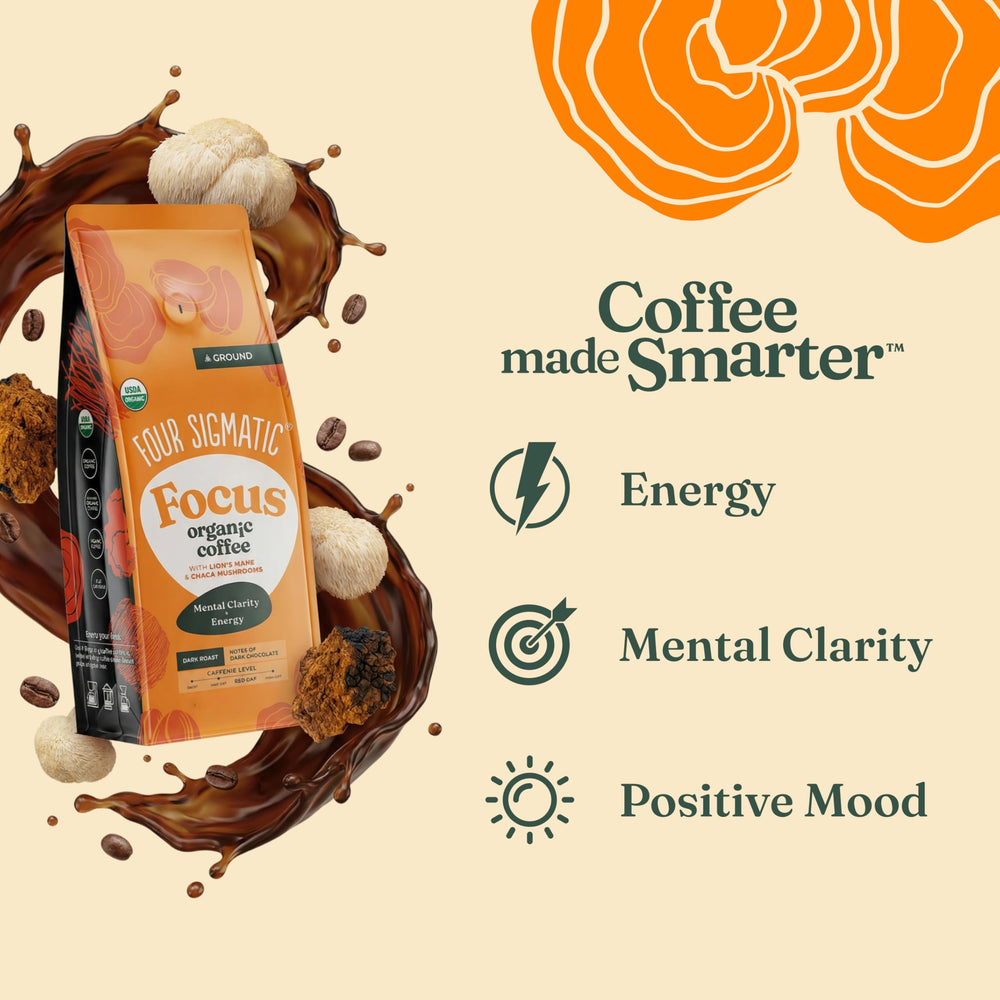 Four Sigmatic closeup of ground coffee and whole beans highlighting rich roast flavor