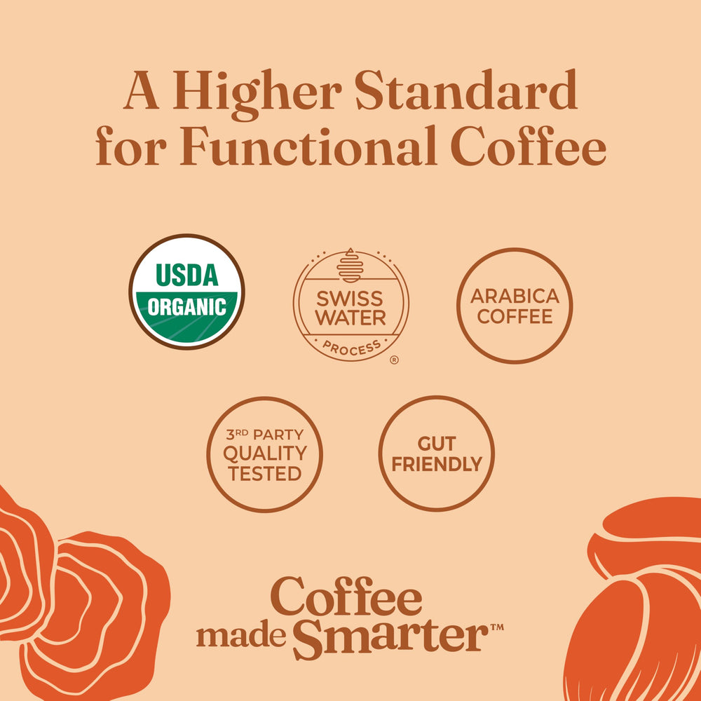 Close-up texture of Four Sigmatic ground coffee highlighting grind consistency and aroma quality
